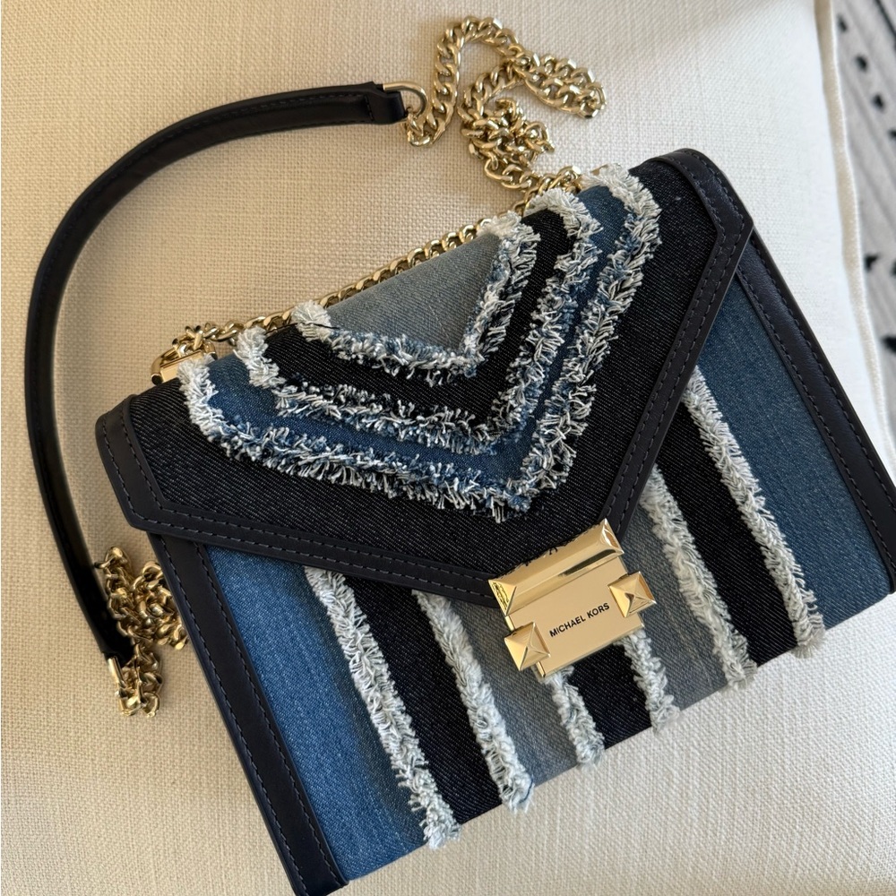 Michael Kors blue frayed denim chain purse